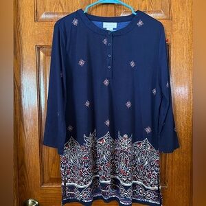 Liz Claiborne XL Navy Pullover Geometric Print 3/4 Sleeves